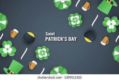 Template for St. Patrick's Day on Sunday, March 17. Vector illustration in 3D paper cut and craft style.