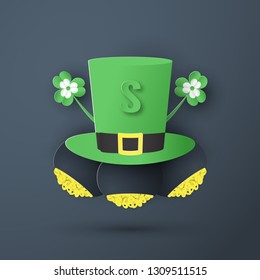 Template for St. Patrick's Day on Sunday, March 17. Vector illustration in 3D paper cut and craft style.