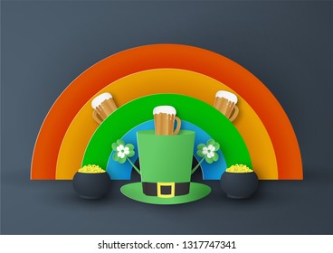Template for St. Patrick's Day on Sunday, March 17. Vector illustration in 3D paper cut and craft style.