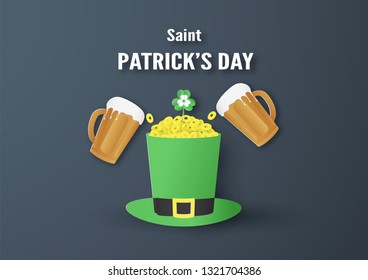 Template for St. Patrick's Day on Sunday, March 17. Vector illustration in 3D paper cut and craft style.