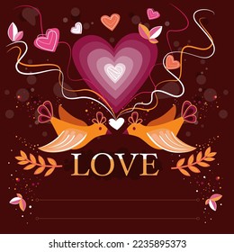 Template for St. Valentine's Day card, invitation and web banner. Simple vector illustration. LOVE and birds.