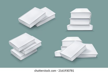 Template of stack blank paper book with white cover. Vector realistic mock up of 3d lying closed catalog, heap big textbook, pile of diary or dictionary with empty hardcover