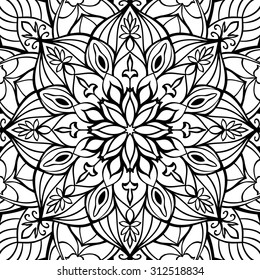 Template for stained glass. Elegant, seamless, vector backdrop with oriental ornaments of mandalas on a white background.