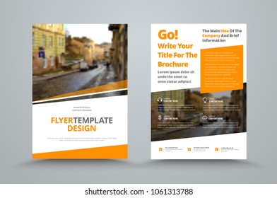 Template of the standard size of a vector flyer with diagonal and a place for a photo. Design of two sides of a white-orange flyer for printing and advertising.