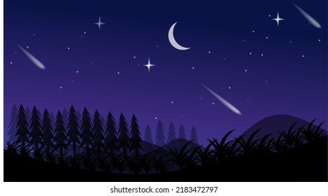 plantilla con cielo estrellado al aire libre fondo de paisaje y silueta de árbol