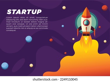 Template for startup rocket in space concept with copy space. Rocket in space with purple background.