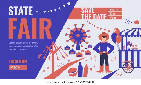 Template for State Fair with Save the date. Vector illustration of Street Food, amusement park, market, ferris wheel,farmer, country fair. Design for banner, flyer, invitation, advertisement, web site