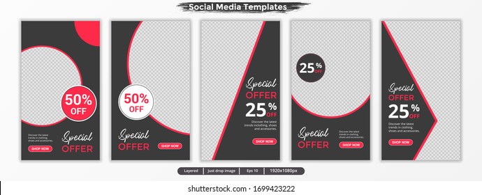 Template stories for promotion. Social media template for ad. Design with red and black color.