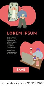 Plantilla para historias en redes sociales. Concept Publicidad de aplicación de citas en línea con ilustraciones vectoriales. relación virtual. ilustración con videochat masculino y femenino