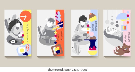 Template for stories and streams. Bright and editable. Abstract elements in the form of colorful color spots. Theme morning, breakfast or recipes. Retro style. Cute naive and homely. Vector