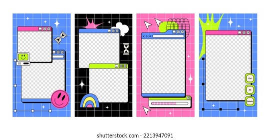 The template of stories in y2k style. Retro wave schedule design template. Acid bright design