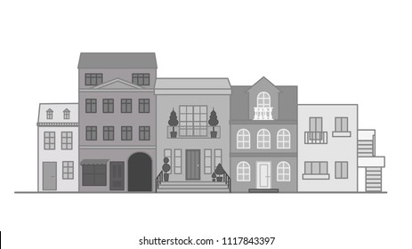 Template of Street landscape with apartment buildings, shops and bars. Flat vector illustration.