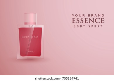 Template a style a glass bottle a perfume on pink background. Vector illustration. Template for your design