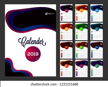 Template style, set of 12 months calendar design for year 2019.