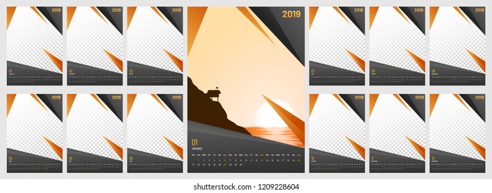 Template style yearly wall calendar design for 2019 with place for your image.