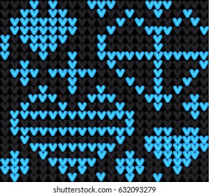 Template with stylized knit texture. Vector cartoon for embroidery, knitting. Decorative seamless backdrop, lovely contrast pattern with blue hearts on black