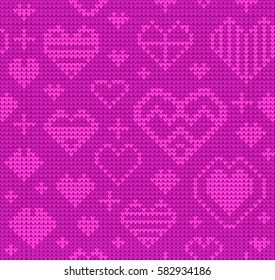 Template with stylized knite texture. Vector cartoon for embroidery, knitting. Decorative rose seamless background, lovely pattern with hearts