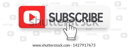 Template subscribe button and finger click cursor. Social media web button, element channel, video content. Blogging. Background subscribe. Social media concept. Vector illustration. EPS 10