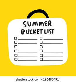 Template of summer bucket list. Icon of suitcase. Hand drawn illustration on yellow background.