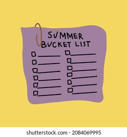 Template of summer bucket list. Icon of suitcase. Hand drawn illustration on yellow background.