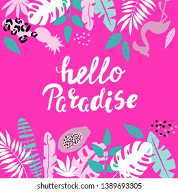 Template summer card with palm leaves on a pink background