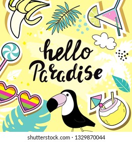 Template Summer card with toucan, summer items and inscription hello paradise on a yellow background