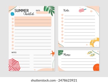 Template of Summer checklist, note, memo with Cartoon illustrations of Beach Accessories. Set of paper sheets. Design for planner, checklist, notebook, card and other stationery. Layout in A5.
