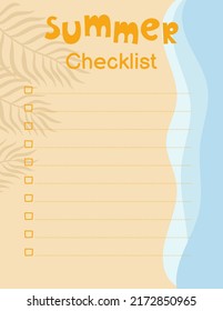 Template for Summer Checklist. Top view on beach sand, palm leaves and sea waves. Vector illustration