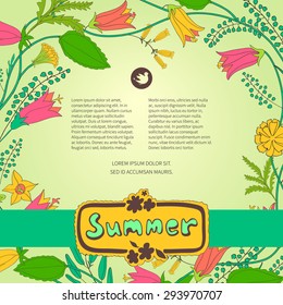 Template summer design posters, invitations and banners on floral background of wildflowers. Vector illustration