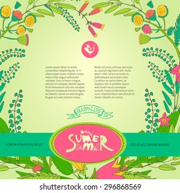 Template summer design posters, invitations and banners on floral background of wildflowers. Vector illustration