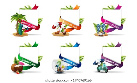 Vorlage für ein Sommerrabatt-Banner in Form eines weißen, weißen, mit Palmblättern dekorierten Papierblattes und eines Bandes mit Angebot