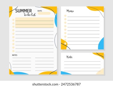 Template of summer to do list, note, memo in yellow and blue colors. Vector illustration for agenda, planners, checklists, notebooks, cards and other stationery. Layout in A5.
