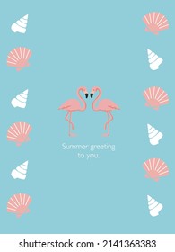 Template for summer greeting card illustration of flamingos and shells.