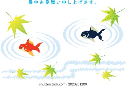 Template of the summer greeting card of two goldfishes and Japanese letter. Translation : "Best wishes for the summer season."