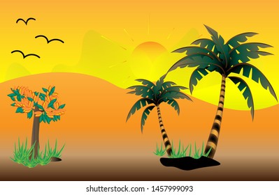 Template in summer, lonely hot weather, palm trees with orange background. Vector illustration