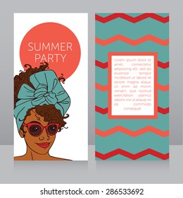 template for summer night party with beautiful african american girl, vector illustration