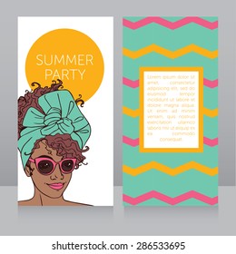 template for summer night party with beautiful african american girl, vector illustration