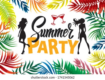 Template for a summer party. Palm trees, tropical leaves, martini glasses, women silhouettes. lettering