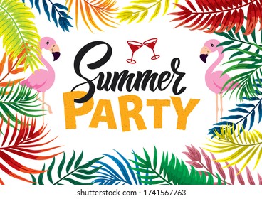 Plantilla para la fiesta de verano. palmeras, hojas tropicales, gafas de martini, flamencos rosas. letras