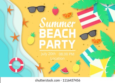 Template of summer party poster on the beach.Paper cut style. vector illustration