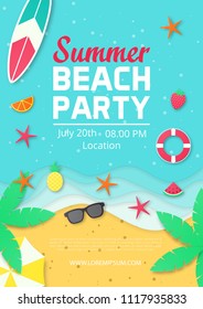 Template of summer party poster on the beach.Paper cut style. vector illustration