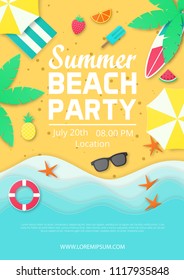 Template of summer party poster on the beach.Paper cut style. vector illustration Template of summer party poster on the beach.Paper cut style. vector illustration