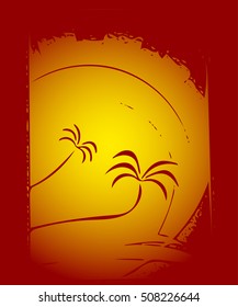 Template for summer poster with silhouettes of palms and sun