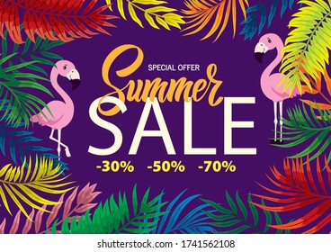 Template for summer sale. Sunset, palm trees, tropical leaves, martini glasses, pink flamingos. lettering