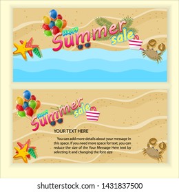 Template for summer sale. Top view on Summer decoration with realistic objects on beach.