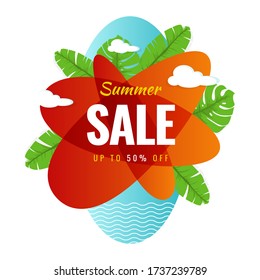 Template of Summer Sale with Tropical Leaf at the Beach Background Style