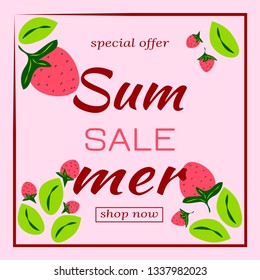 Template for Summer Sales. Pattern with strawberries and leaves in frame. Vector illustration. Fashionable coral and green shades of colors.
