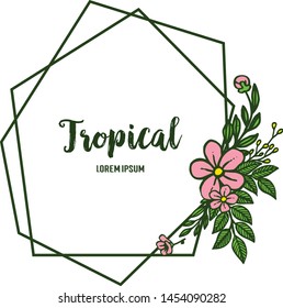 Template summer tropical with bright pink flower frame and green leaves. Vector