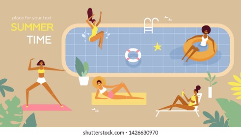 Template for summertime, holidays poster. Young women swimming, diving, sunbathing, relax, have a fun time in the pool. Vector cartoon illustration. Flat design, trendy style. Top view, bird's-eye