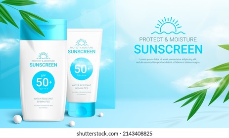 Template of sunscreen ad banner. Banner with 3d jar and tube of sunscreen, tropical plants, pearl, glass and clouds. Vector 3d ad illustration for promotion of summer goods.